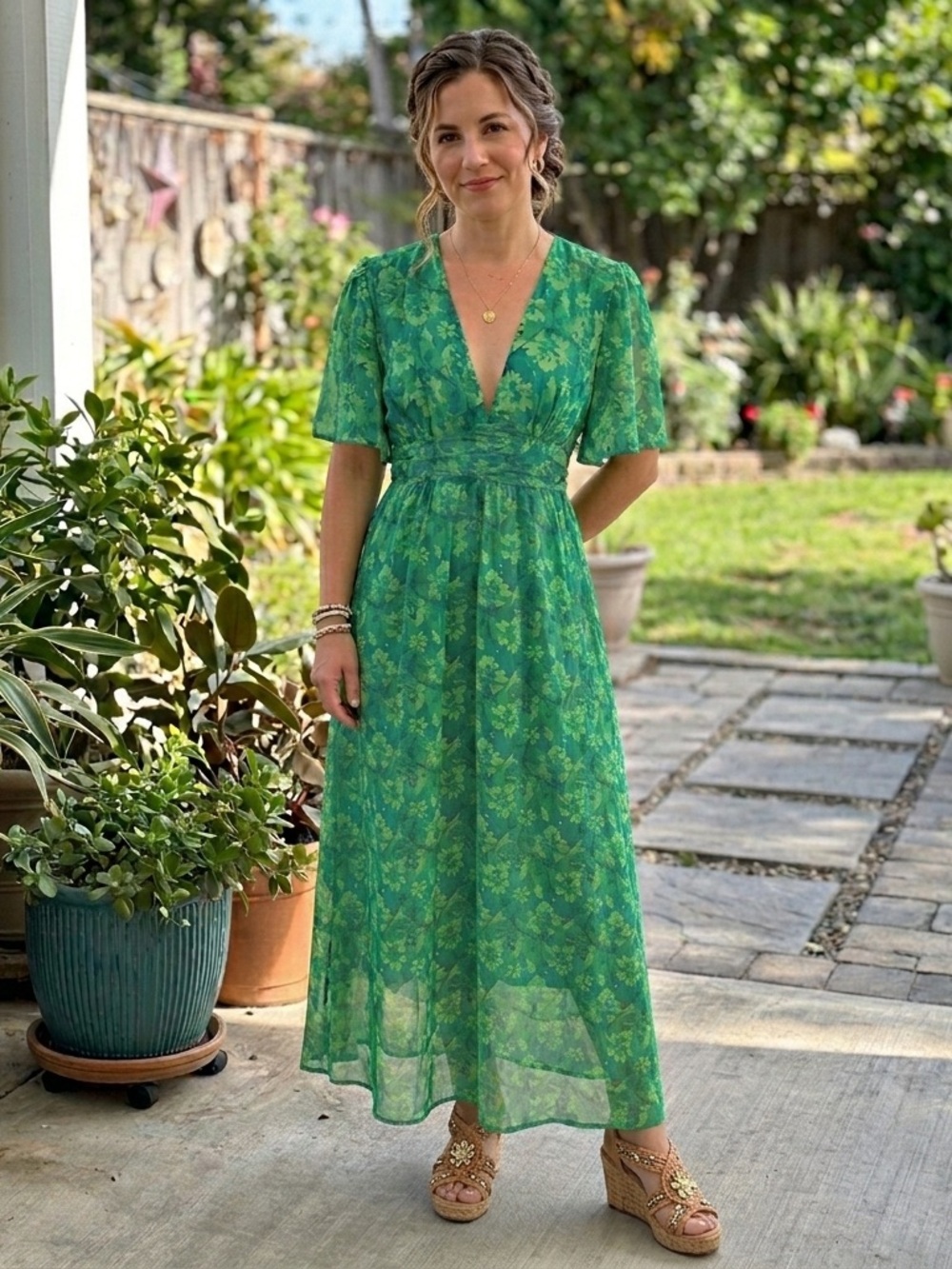 Retro & Icone Paris Floral Maxi Dress Green Size M Boho Open Back Summer